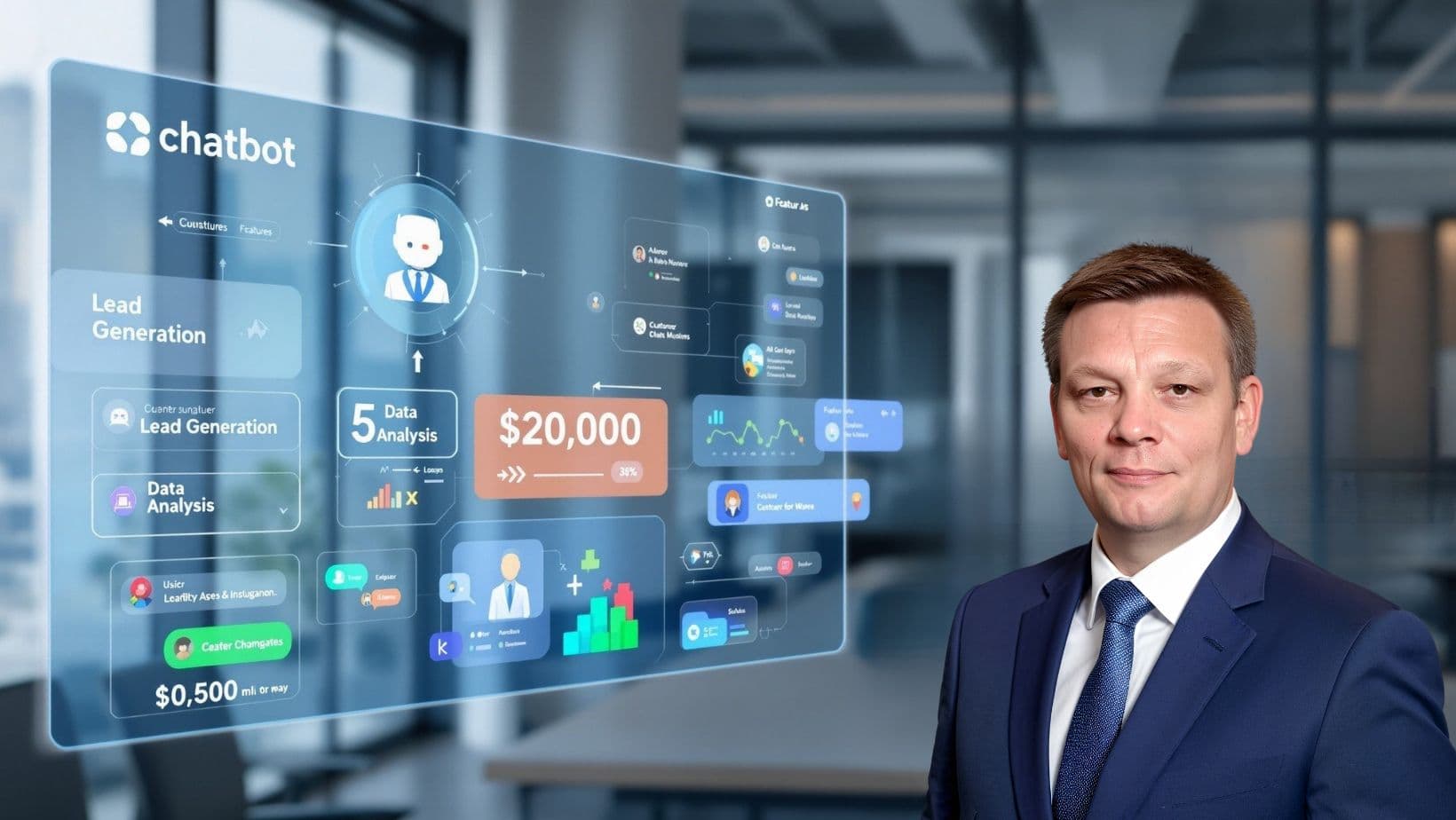 Professional business dashboard showing chatbot analytics, lead generation metrics, and data analysis interface